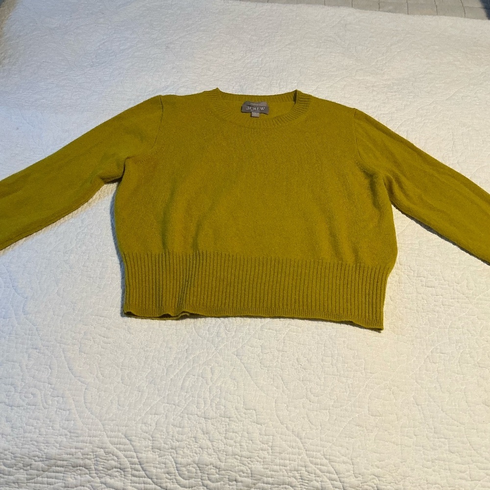 J. Crew, Cropped Fit-Shrunken Crewneck, Cashmere Sweater, Yellow/Green, Sz Small